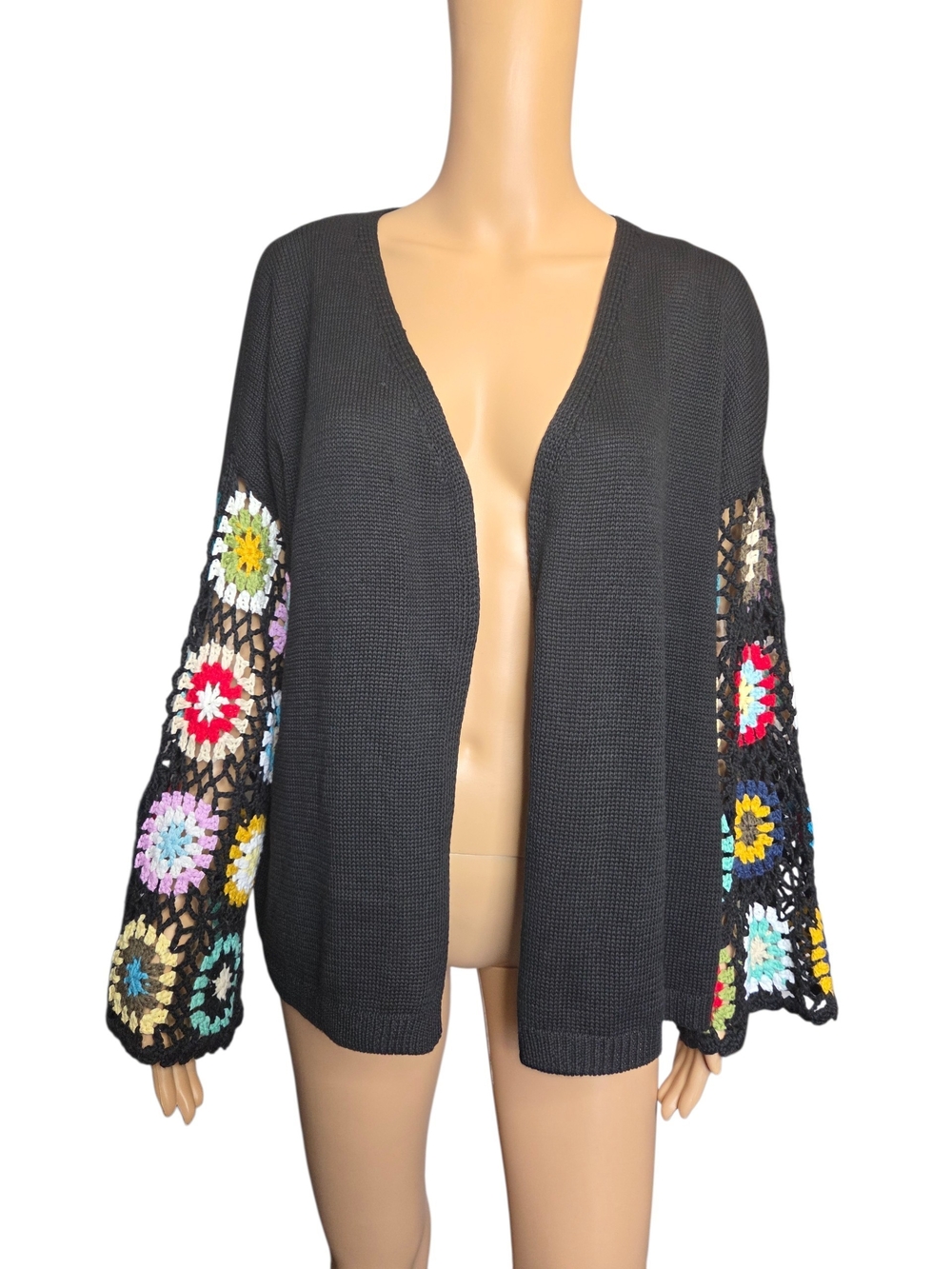 Women's Size L Black Drop Shoulder Open Cardigan with Colorful Crochet Sleeves
